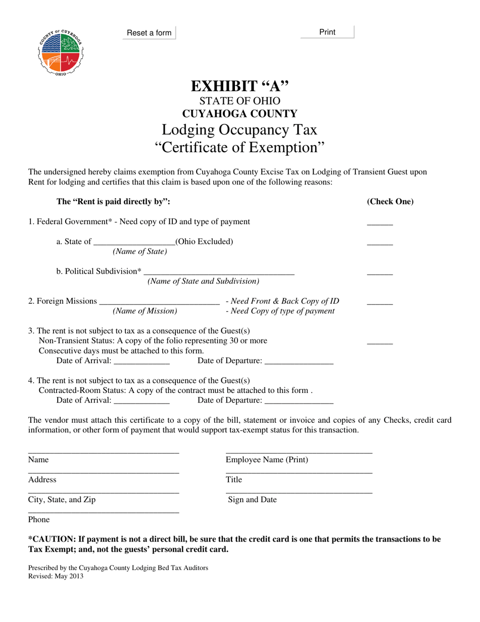 Cuyahoga County Ohio Lodging Occupancy Tax Certificate of Exemption