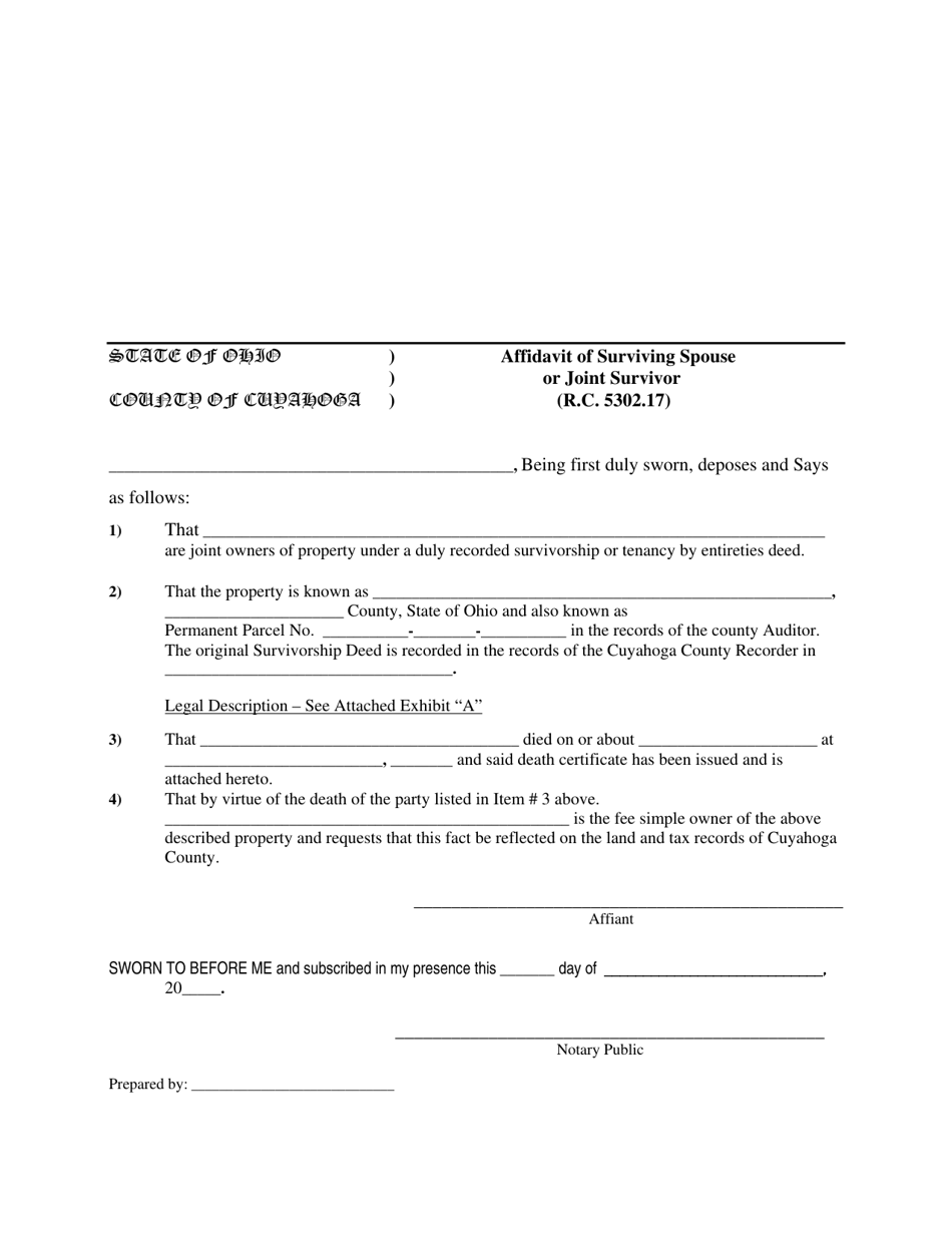 Affidavit of Surviving Spouse or Joint Survivor - Cuyahoga County, Ohio, Page 1