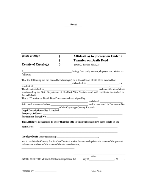 Affidavit as to Succession Under a Transfer on Death Deed - Cuyahoga County, Ohio Download Pdf