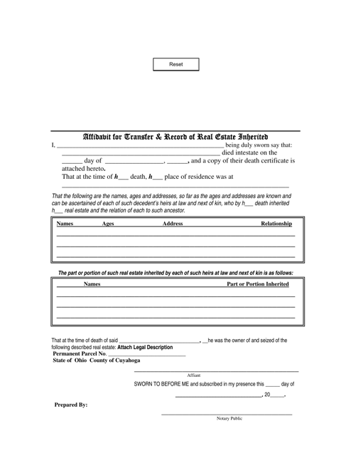Affidavit for Transfer & Record of Real Estate Inherited - Cuyahoga County, Ohio Download Pdf