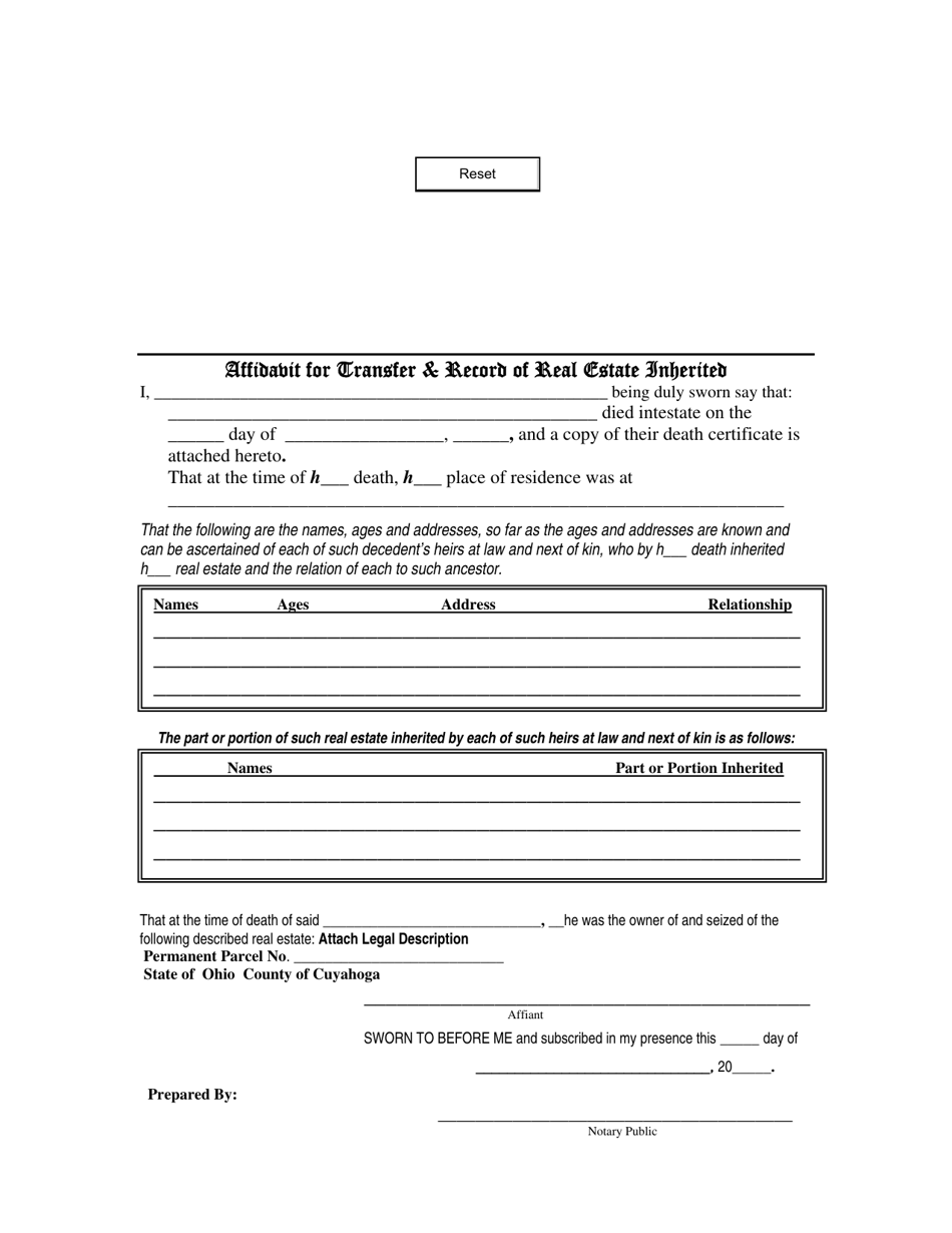 Cuyahoga County Ohio Affidavit For Transfer And Record Of Real Estate Inherited Fill Out Sign