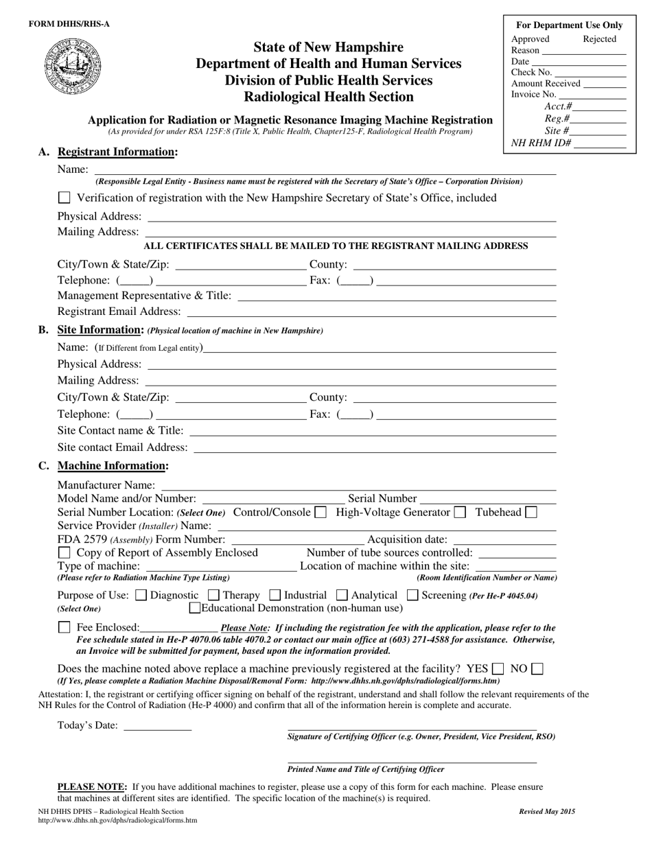 Form DHHS / RHS-A Application for Radiation or Magnetic Resonance Imaging Machine Registration - New Hampshire, Page 1