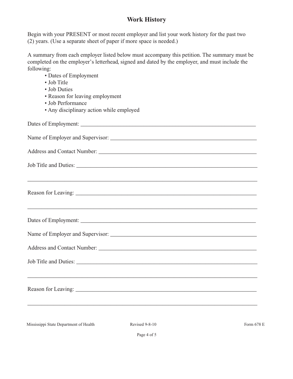 Form 678 Petition for Removal of Finding of Neglect From the Mississippi Nurse Aide Registry - Mississippi, Page 10