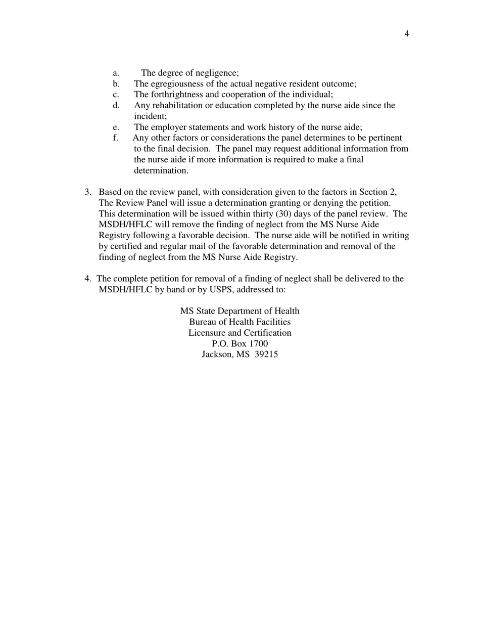 Form 678 Petition for Removal of Finding of Neglect From the Mississippi Nurse Aide Registry - Mississippi, Page 4