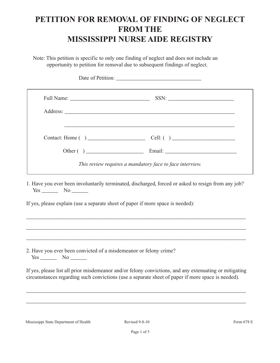 Form 678 Petition for Removal of Finding of Neglect From the Mississippi Nurse Aide Registry - Mississippi, Page 7