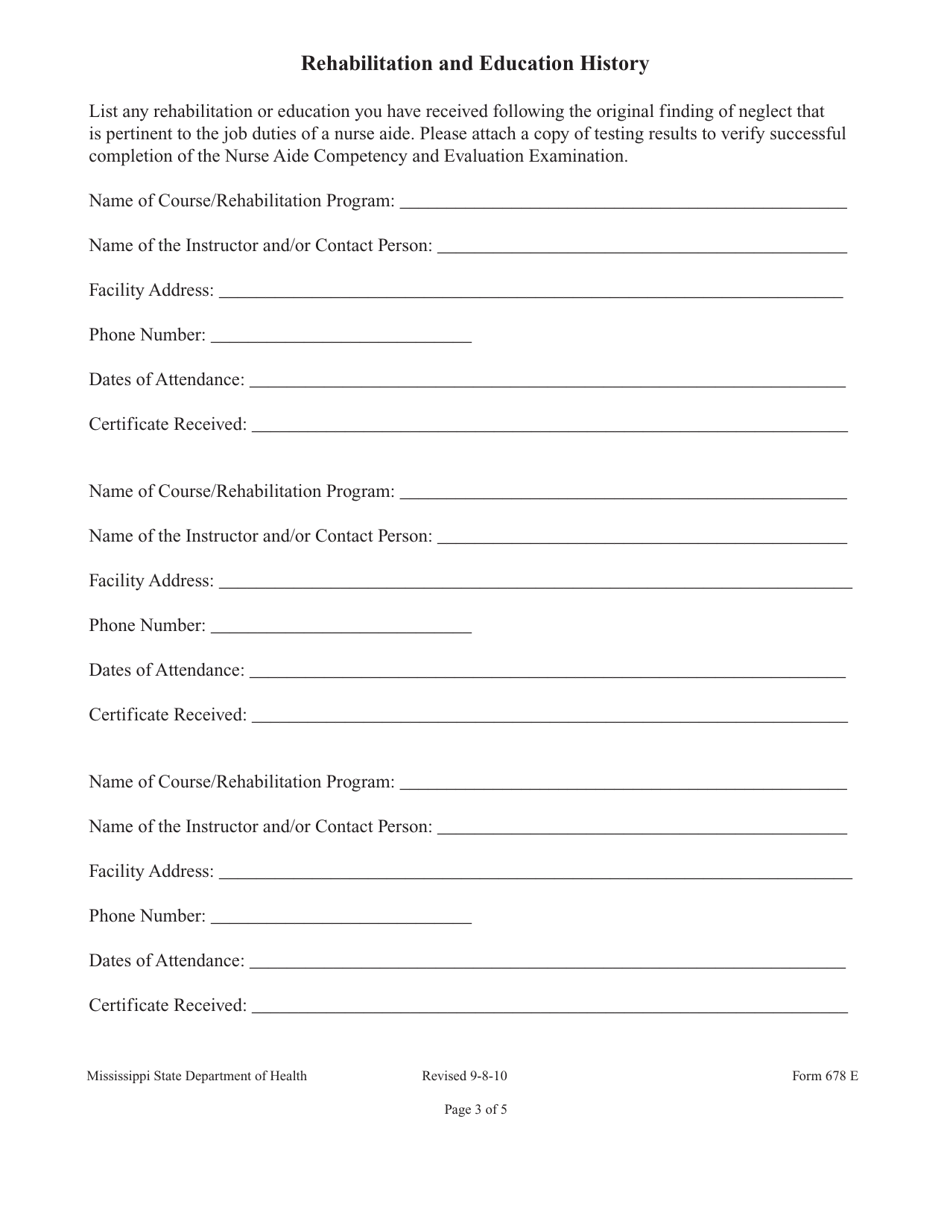 Form 678 Petition for Removal of Finding of Neglect From the Mississippi Nurse Aide Registry - Mississippi, Page 9