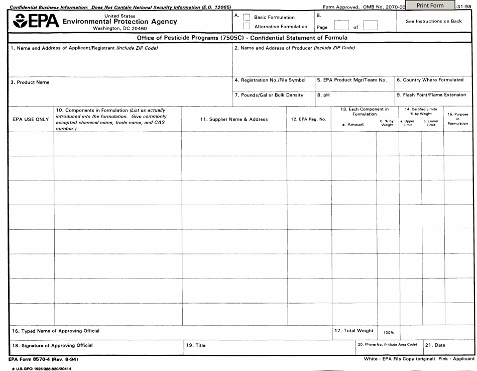 EPA Form 8570-4 Confidential Statement of Formula, Page 1