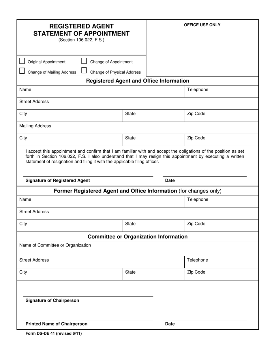 Form DS-DE41 Registered Agent Statement of Appointment - Florida, Page 1