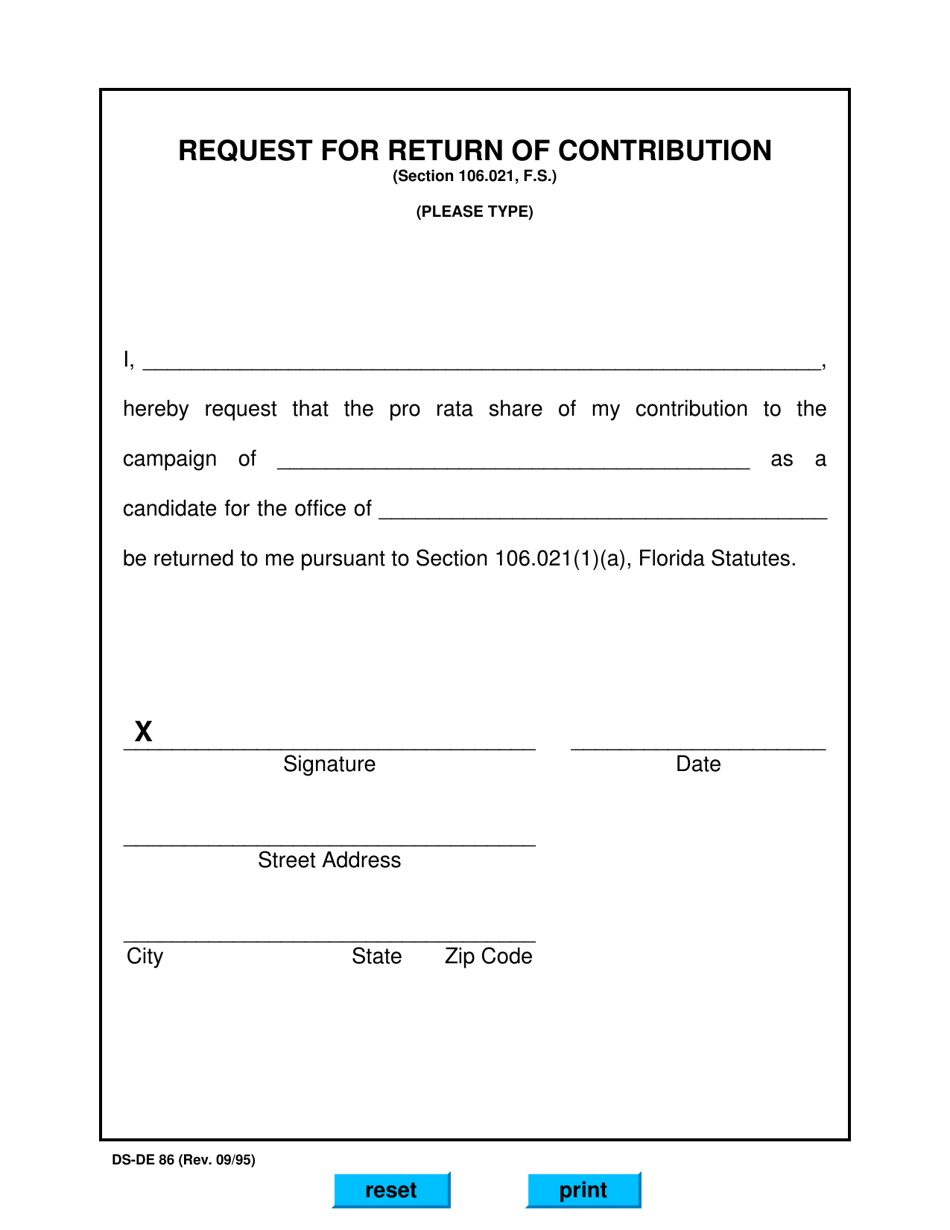 Form DS-DE86 Request for Return of Contribution - Florida, Page 1