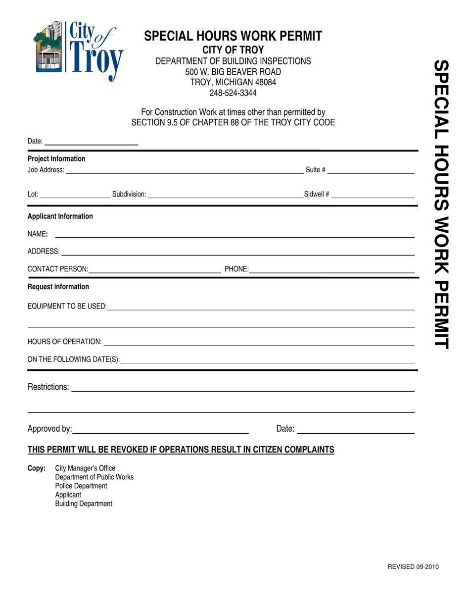 Special Hours Work Permit - City of Troy, Michigan, Page 1