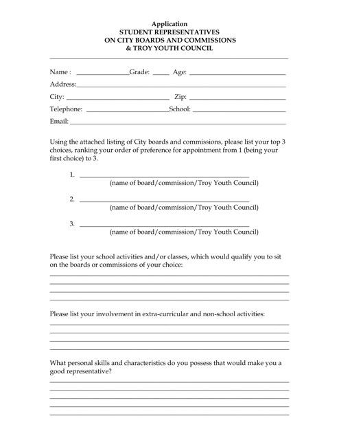 Student Board Application - City of Troy, Michigan Download Pdf