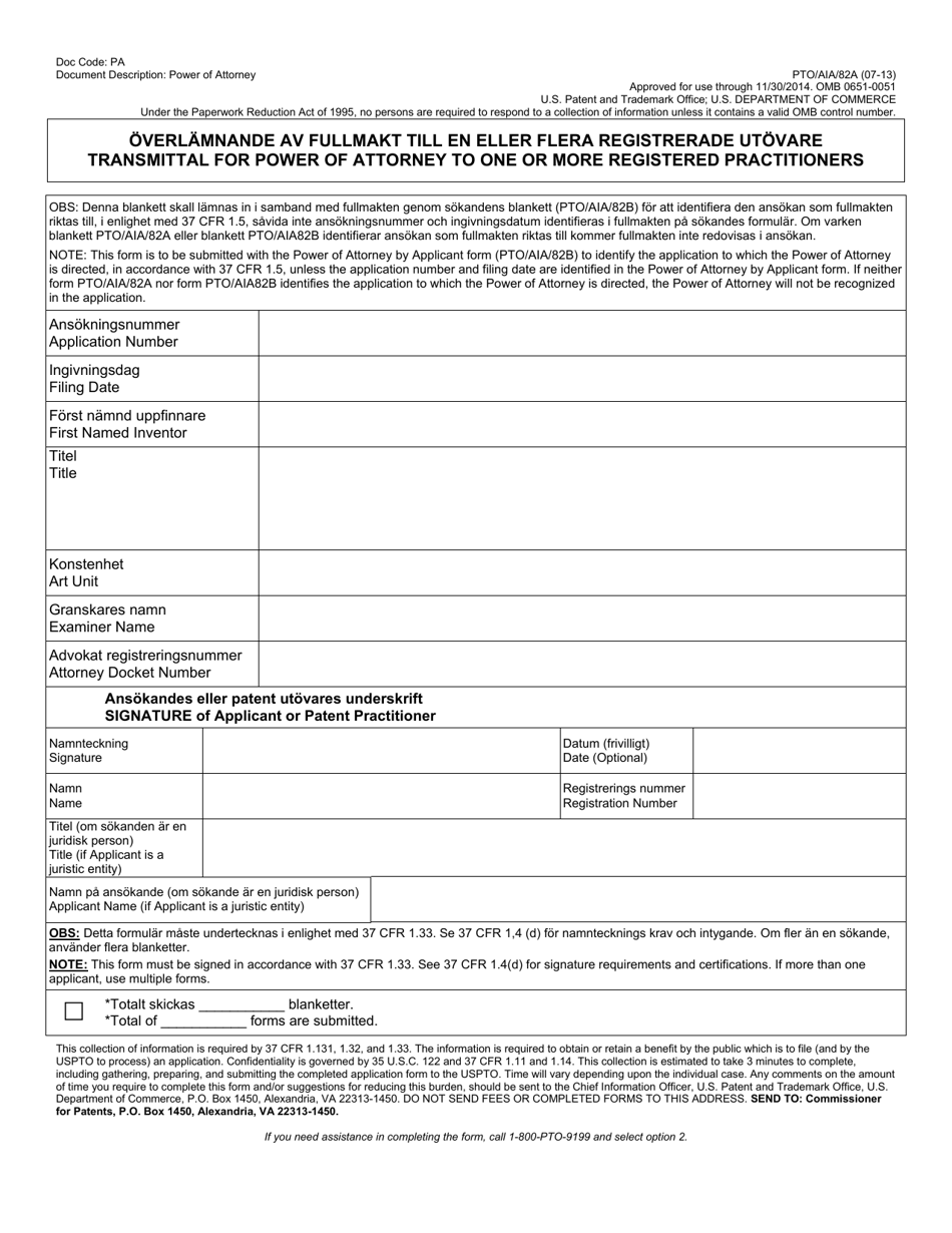 Form PTO / AIA / 82 Transmittal for Power of Attorney to One or More Registered Practitioners (English / Swedish), Page 1