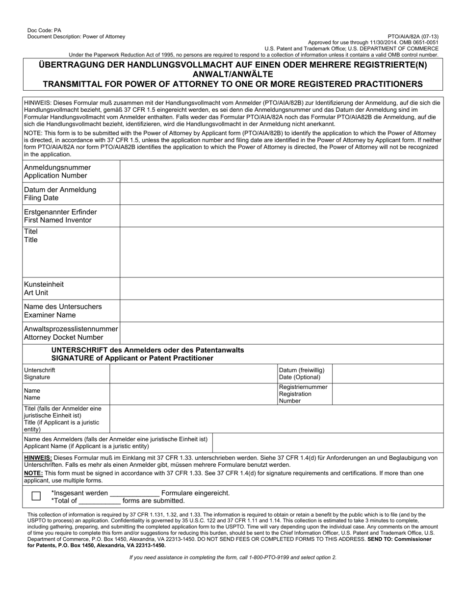 Form PTO / AIA / 82 Transmittal for Power of Attorney to One or More Registered Practitioners (English / German), Page 1
