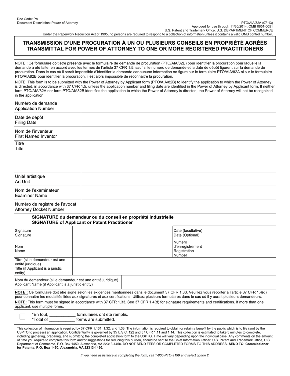 Form PTO / AIA / 82 Transmittal for Power of Attorney to One or More Registered Practitioners (English / French), Page 1