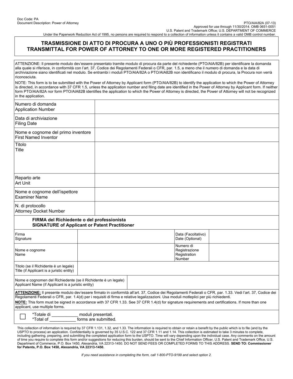 Form PTO / AIA / 82 Transmittal for Power of Attorney to One or More Registered Practitioners (English / Italian), Page 1