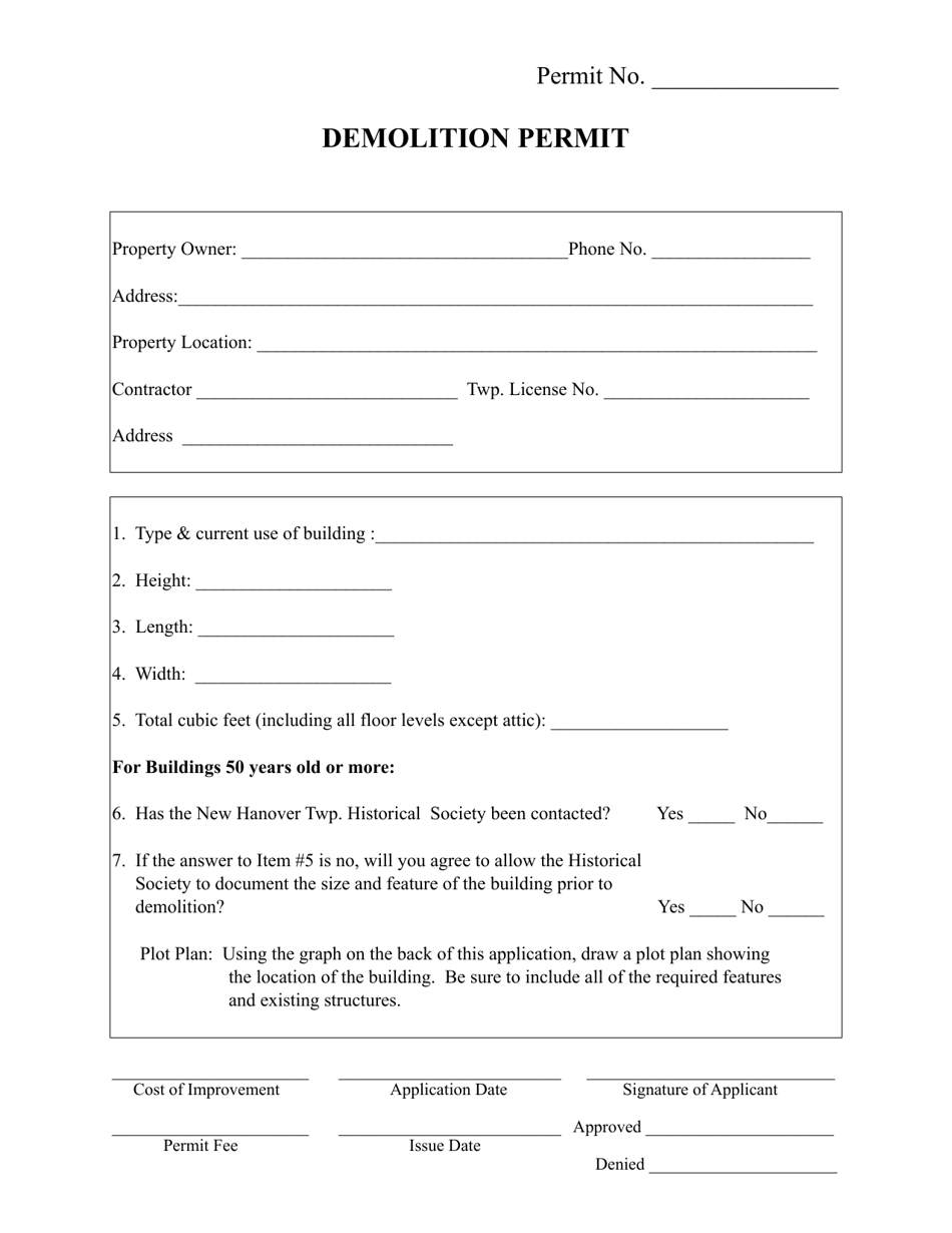 New Hanover Township, Pennsylvania Demolition Permit Fill Out, Sign