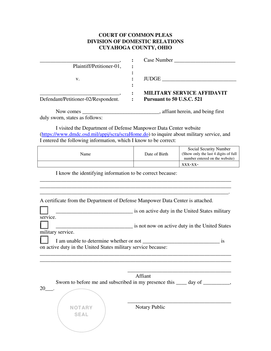 Military Service Affidavit - Cuyahoga County, Ohio, Page 1