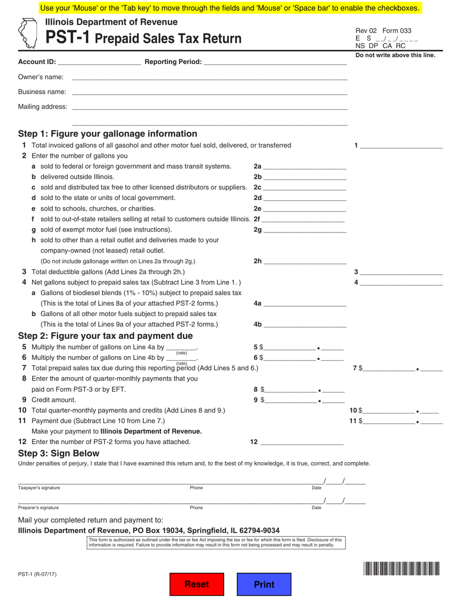 Form PST-1 (033) Prepaid Sales Tax Return - Illinois, Page 1