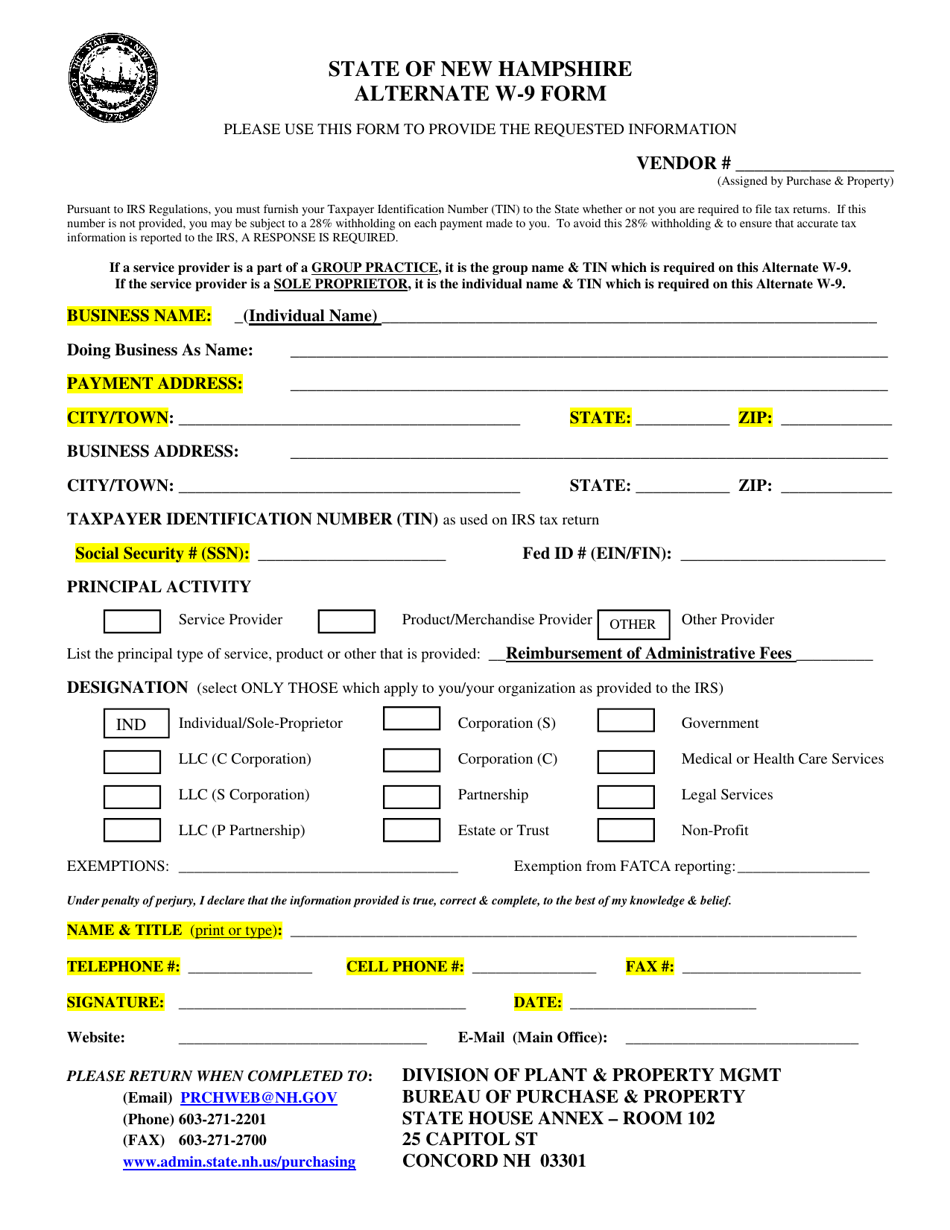 Alternate W-9 Form - New Hampshire, Page 1