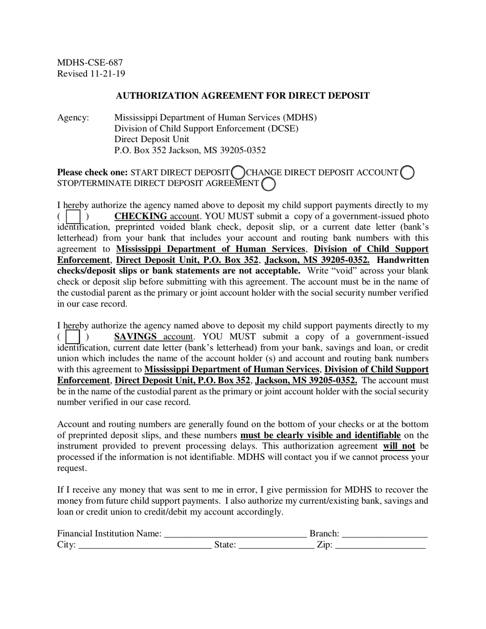 Form MDHS-CSE-687 Authorization Agreement for Direct Deposit - Mississippi, Page 1