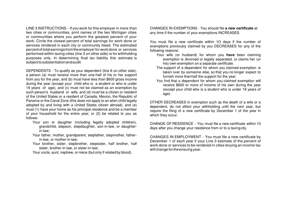 Form BRW-4 Employees Withholding Certificate for City of Big Rapids Income Tax - City of Big Rapids, Michigan, Page 2