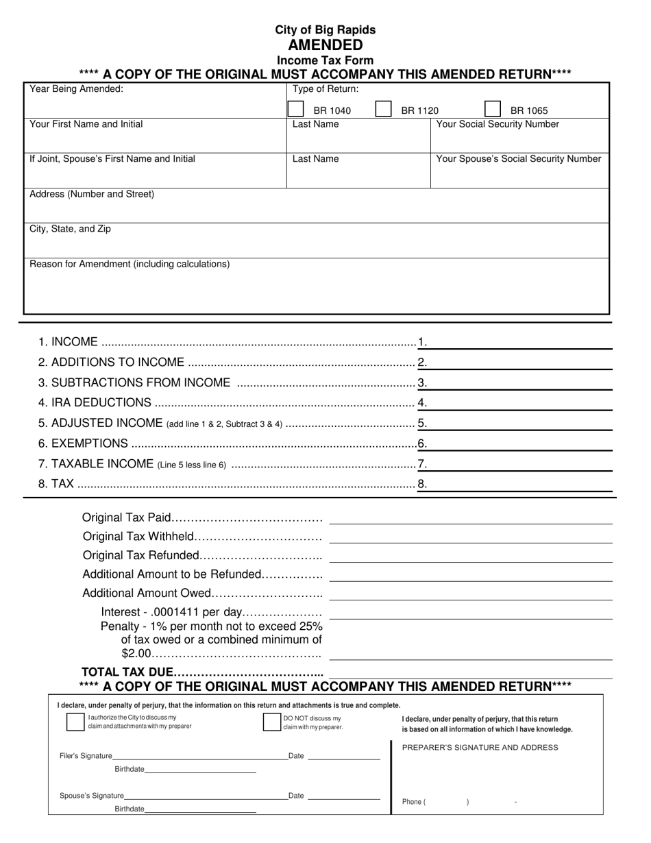 Amended Income Tax Form - City of Big Rapids, Michigan, Page 1