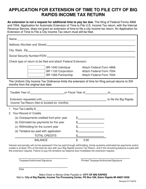 Application for Extension of Time to File City of Big Rapids Income Tax Return - City of Big Rapids, Michigan Download Pdf