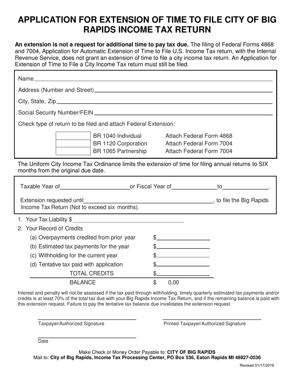 Application for Extension of Time to File City of Big Rapids Income Tax Return - City of Big Rapids, Michigan, Page 1