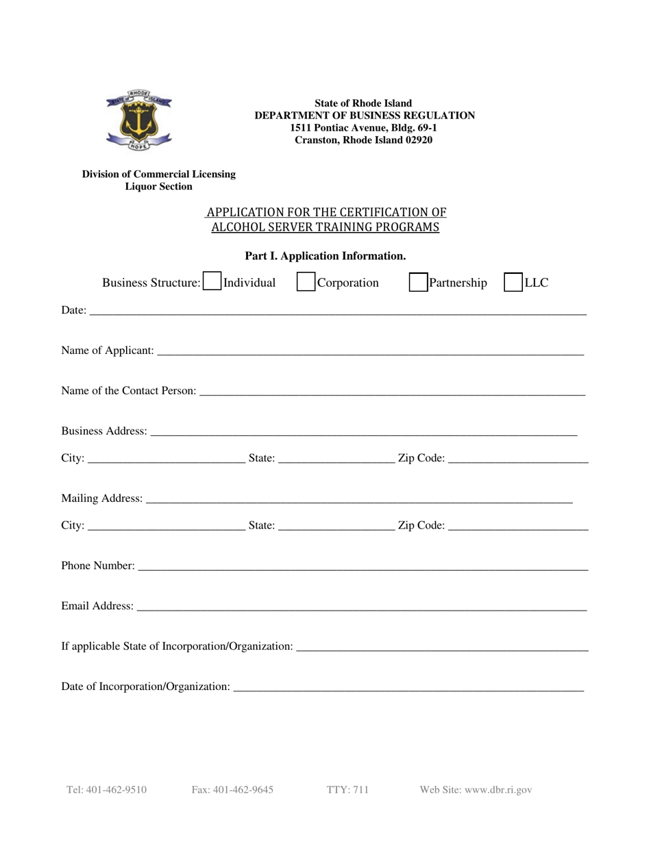 Application for the Certification of Alcohol Server Training Programs - Rhode Island, Page 1