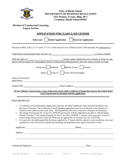 Application for Class G / Gd License - Rhode Island Download Pdf