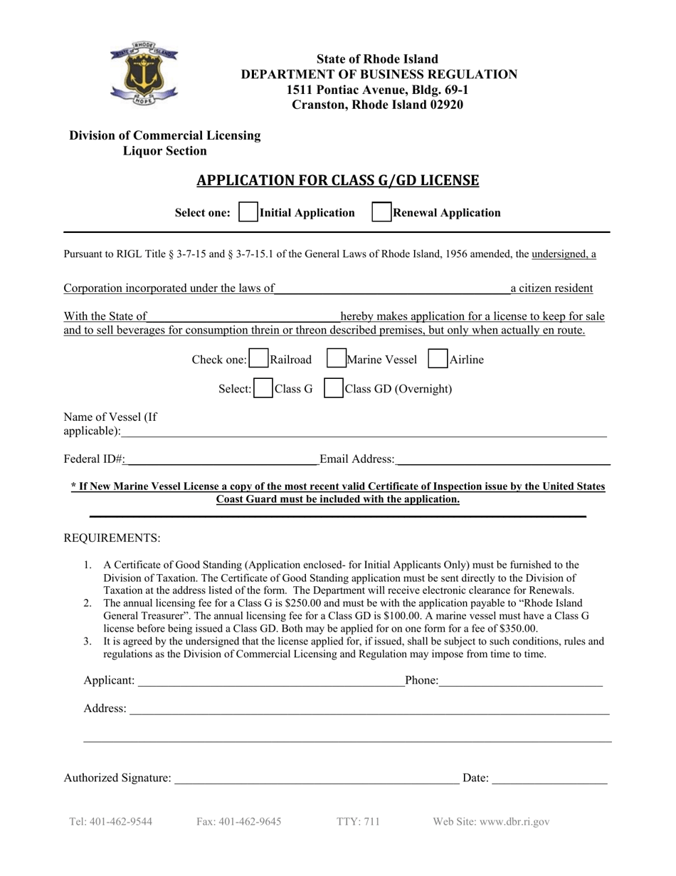 Application for Class G / Gd License - Rhode Island, Page 1