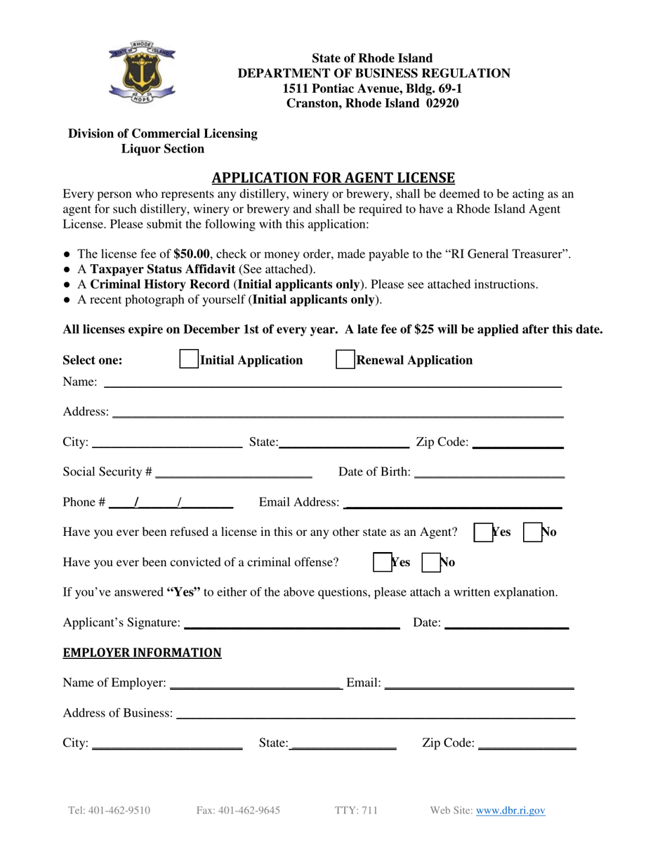 Application for Agent License - Rhode Island, Page 1