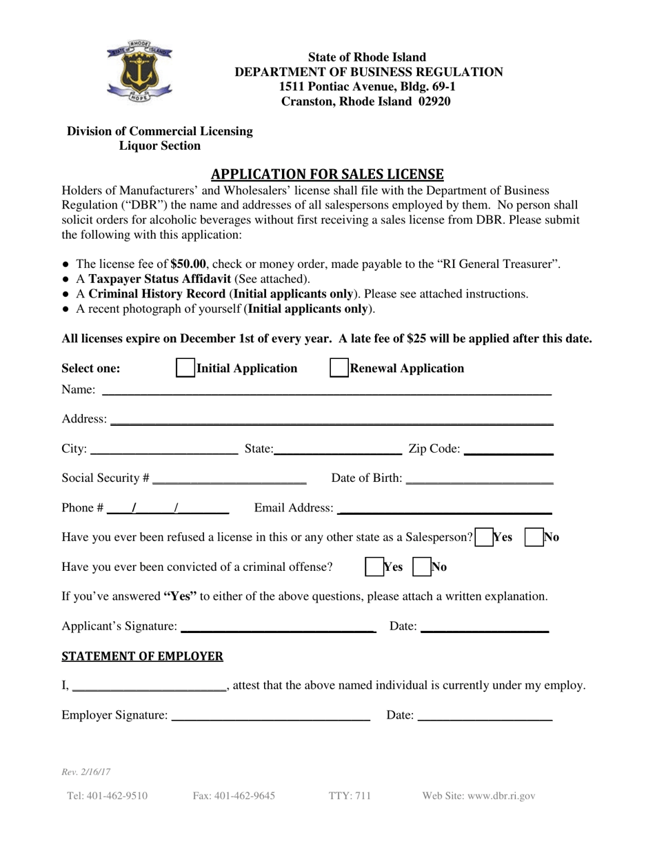 Application for Sales License - Rhode Island, Page 1