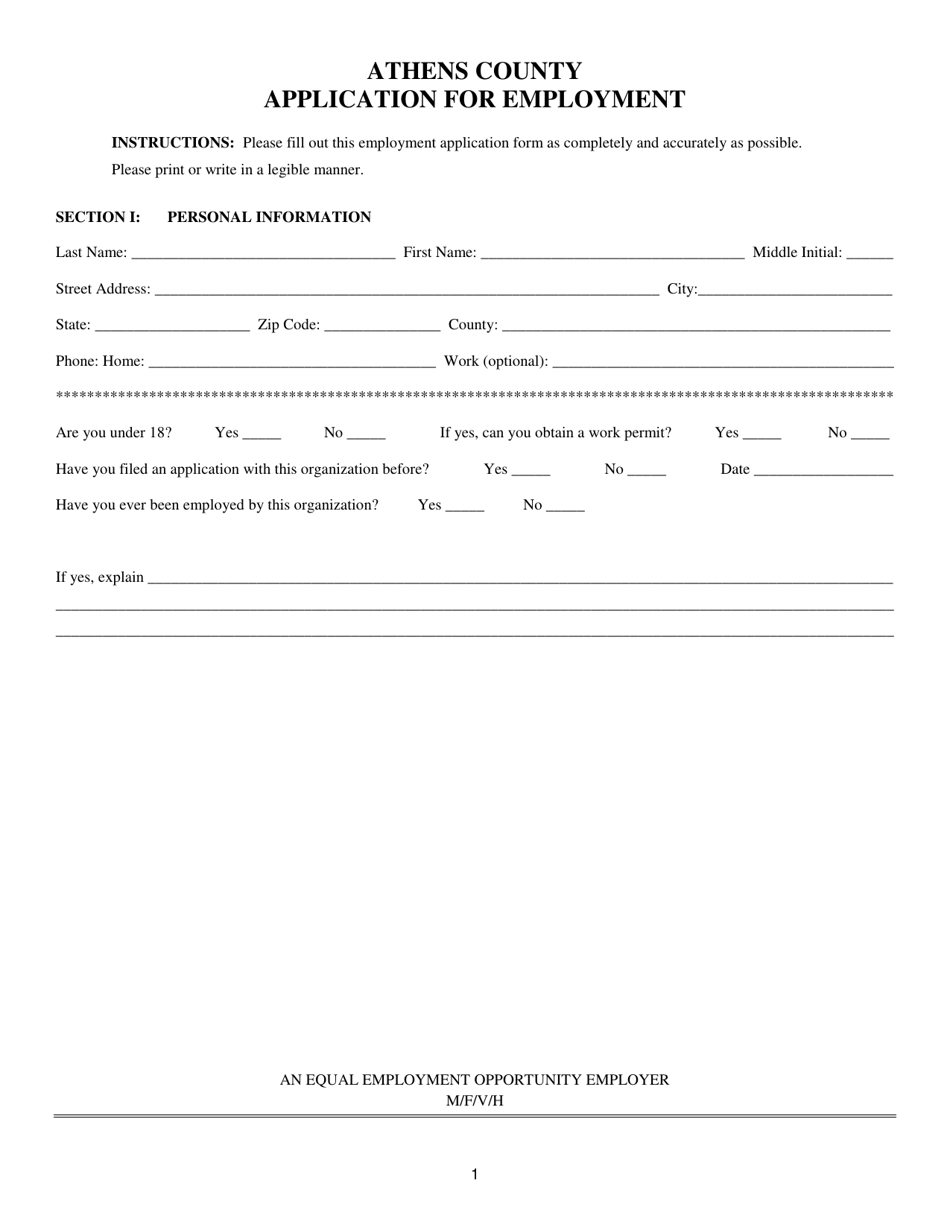 Athens County, Ohio Application For Employment - Fill Out, Sign Online ...