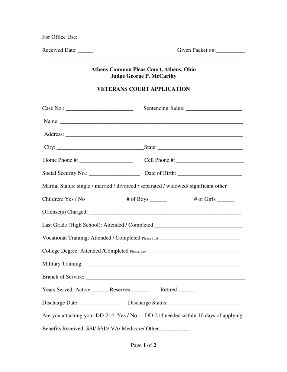 Veterans Court Application - Athens County, Ohio, Page 1