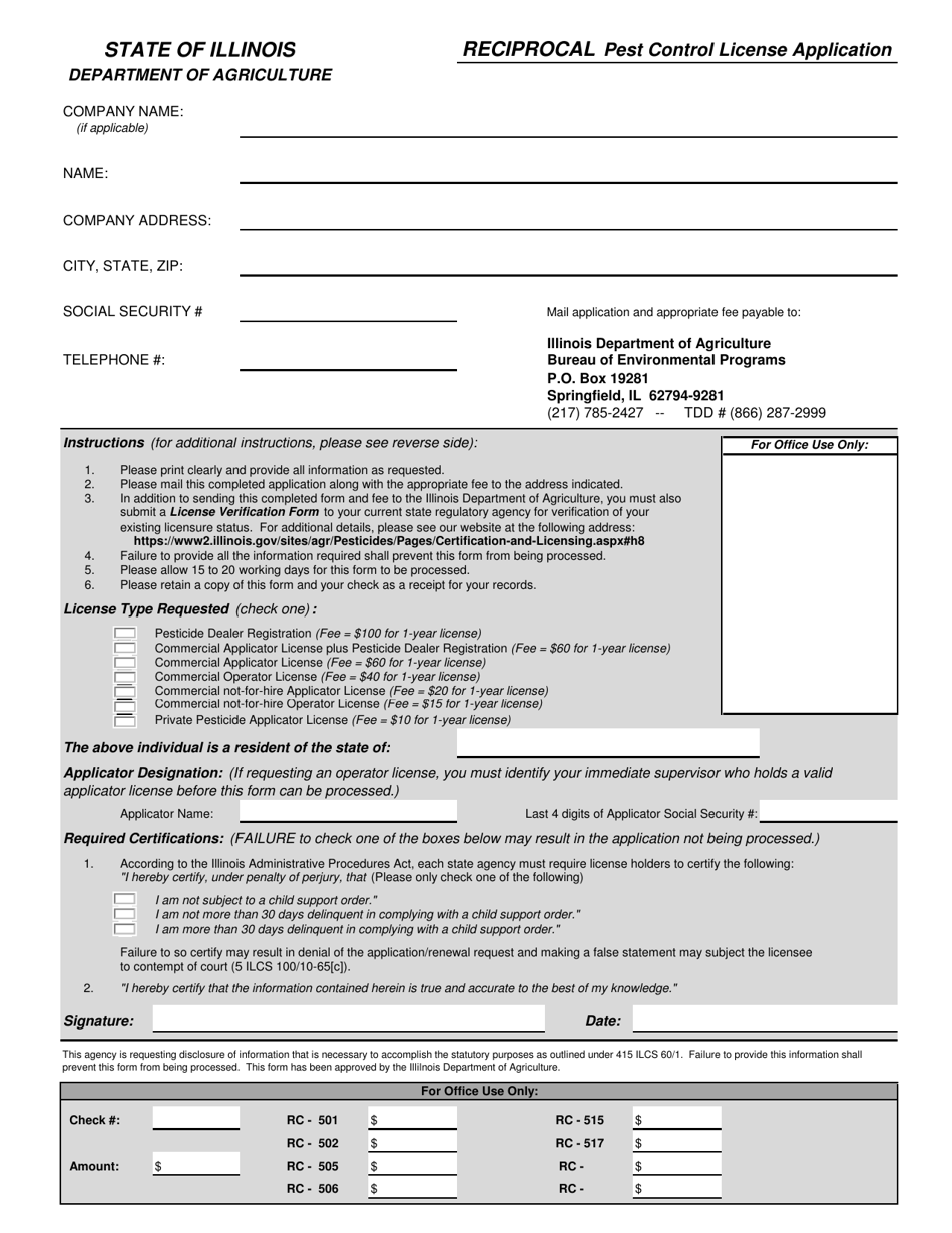 Reciprocal Pest Control License Application - Illinois, Page 1