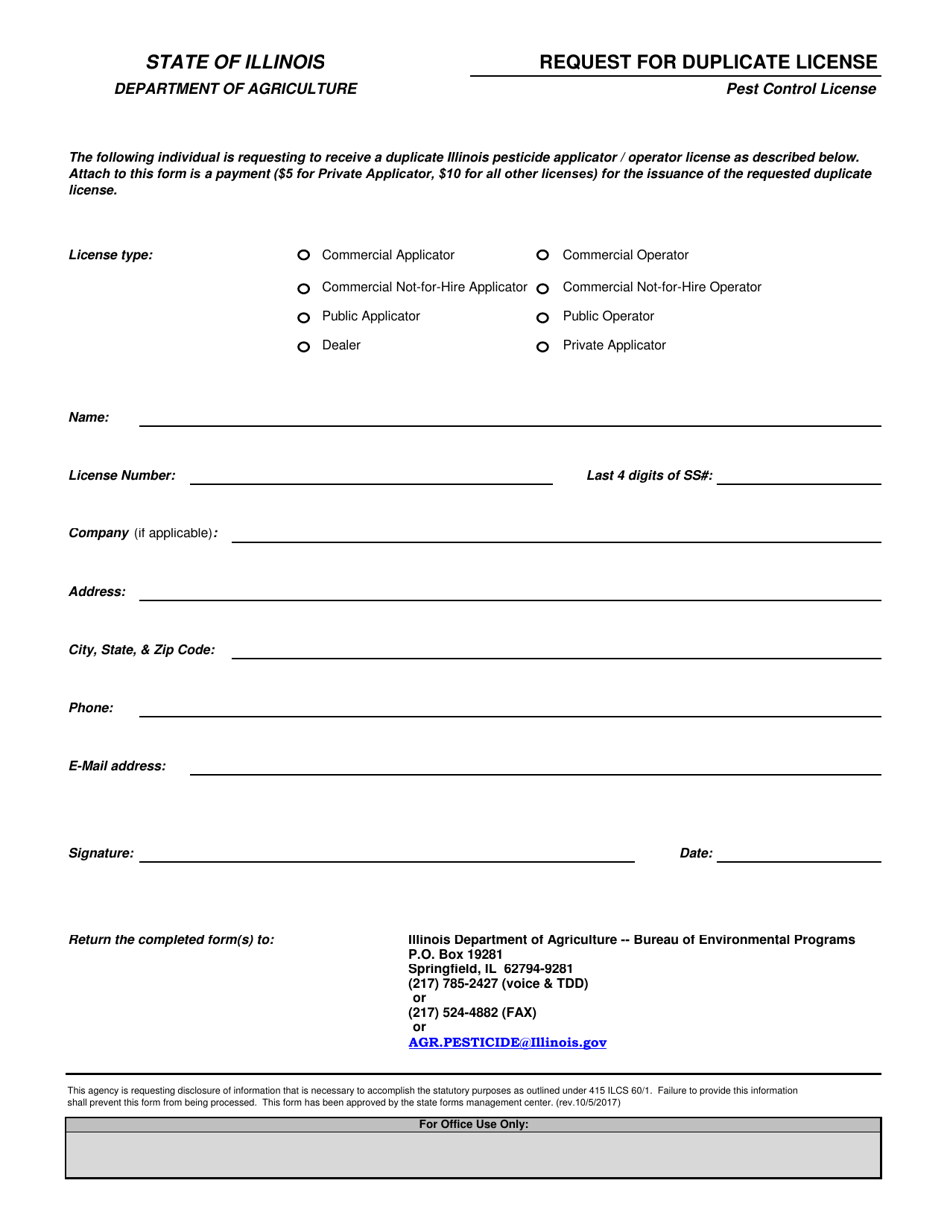 Request for Duplicate License - Pest Control License - Illinois, Page 1