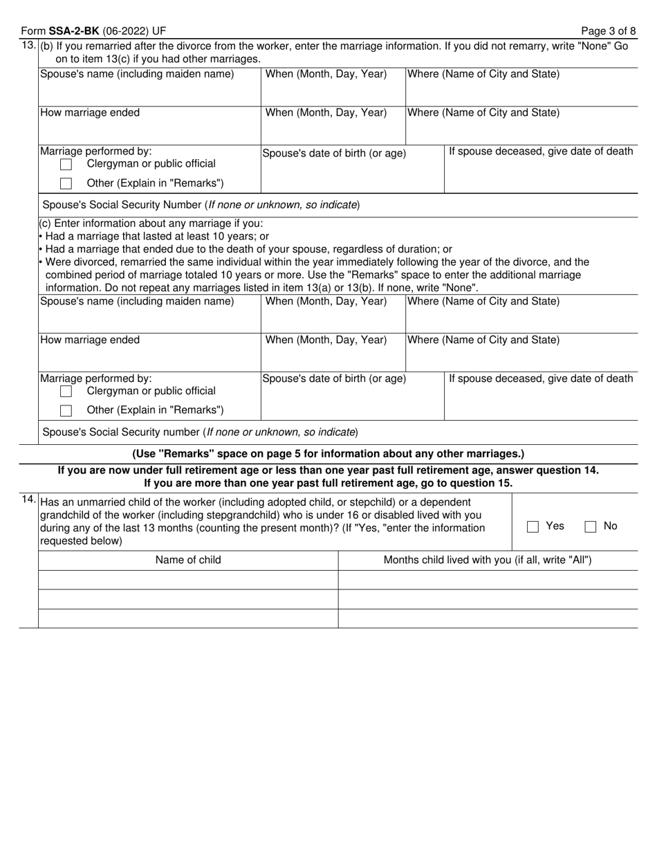 Form SSA-2-BK Application for Wifes or Husbands Insurance Benefits, Page 3