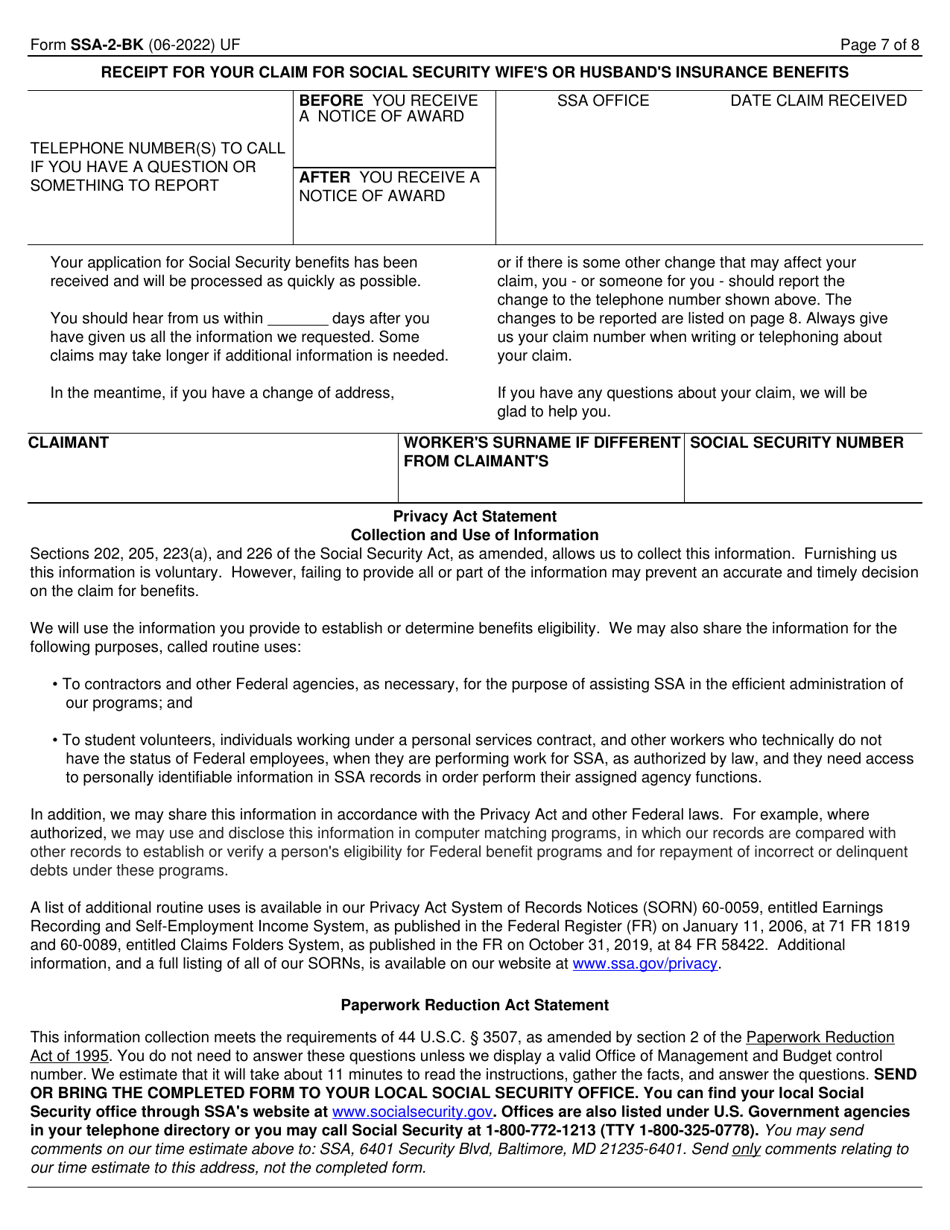Form SSA-2-BK Application for Wifes or Husbands Insurance Benefits, Page 7