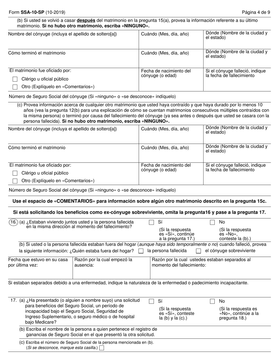 Formulario SSA-10-SP Solicitud Para Beneficios De Seguro Como Conyuge Sobreviviente (Spanish), Page 4