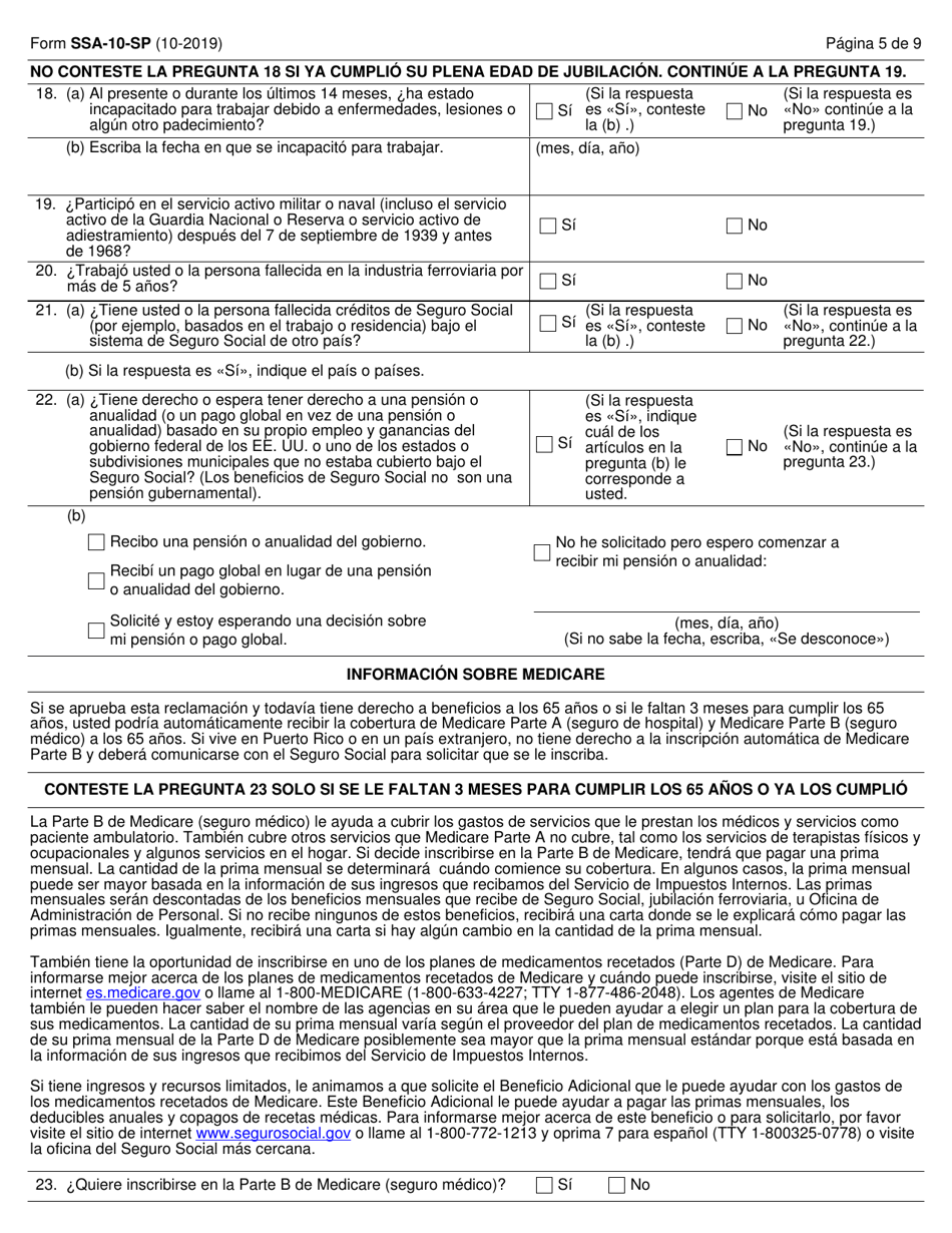 Formulario SSA-10-SP Solicitud Para Beneficios De Seguro Como Conyuge Sobreviviente (Spanish), Page 5