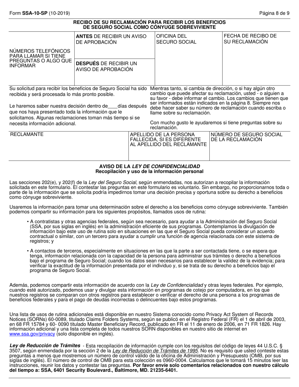Formulario SSA-10-SP Solicitud Para Beneficios De Seguro Como Conyuge Sobreviviente (Spanish), Page 8