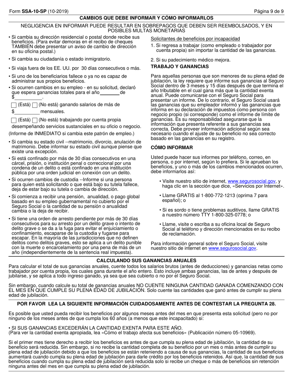 Formulario SSA-10-SP Solicitud Para Beneficios De Seguro Como Conyuge Sobreviviente (Spanish), Page 9