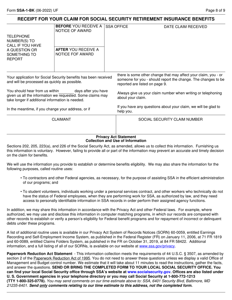 Form SSA-1-BK Application for Retirement Insurance Benefits, Page 8