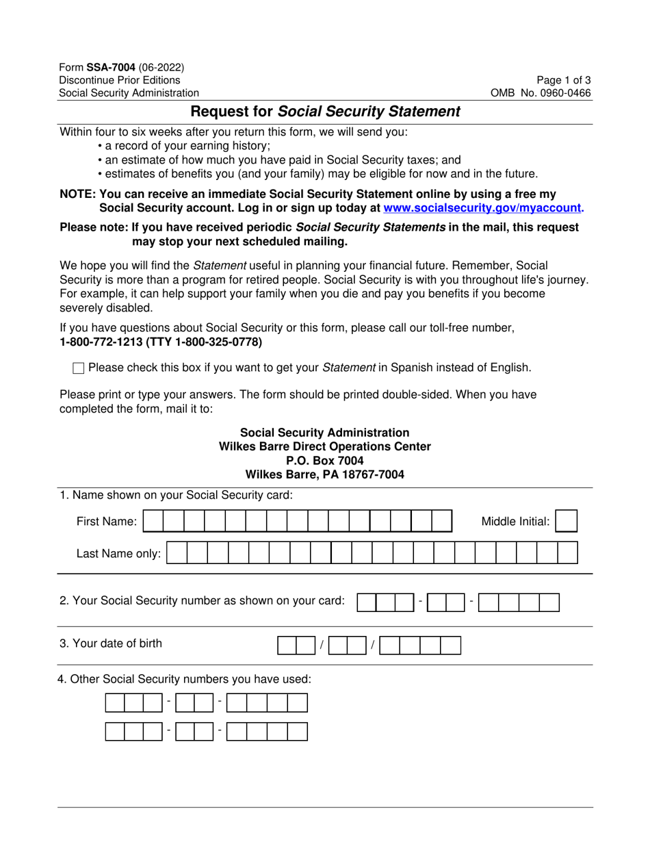 Form SSA-7004 Request for Social Security Statement, Page 1