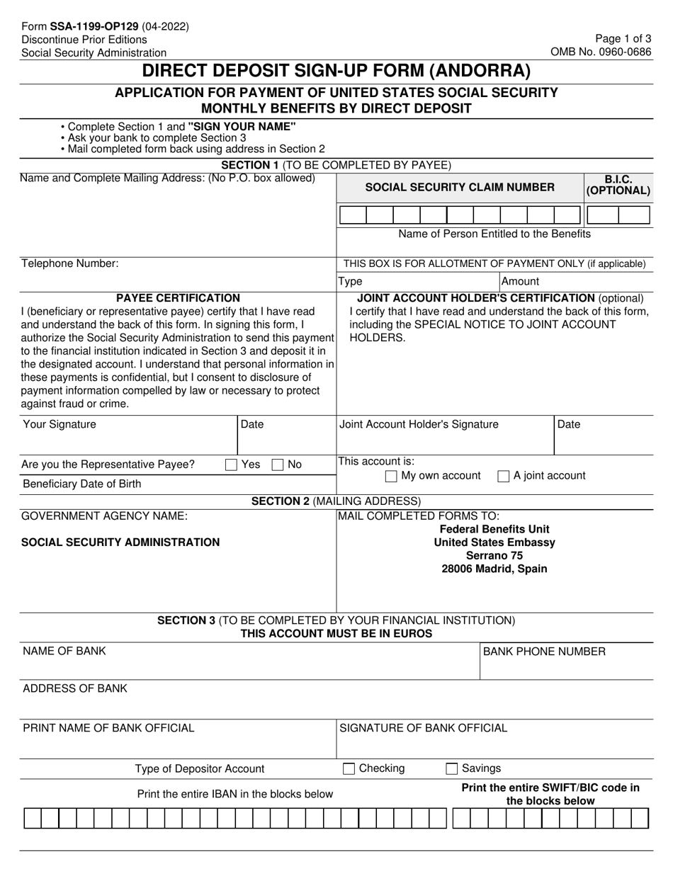 Form SSA-1199-OP129 Direct Deposit Sign-Up Form (Andorra), Page 1