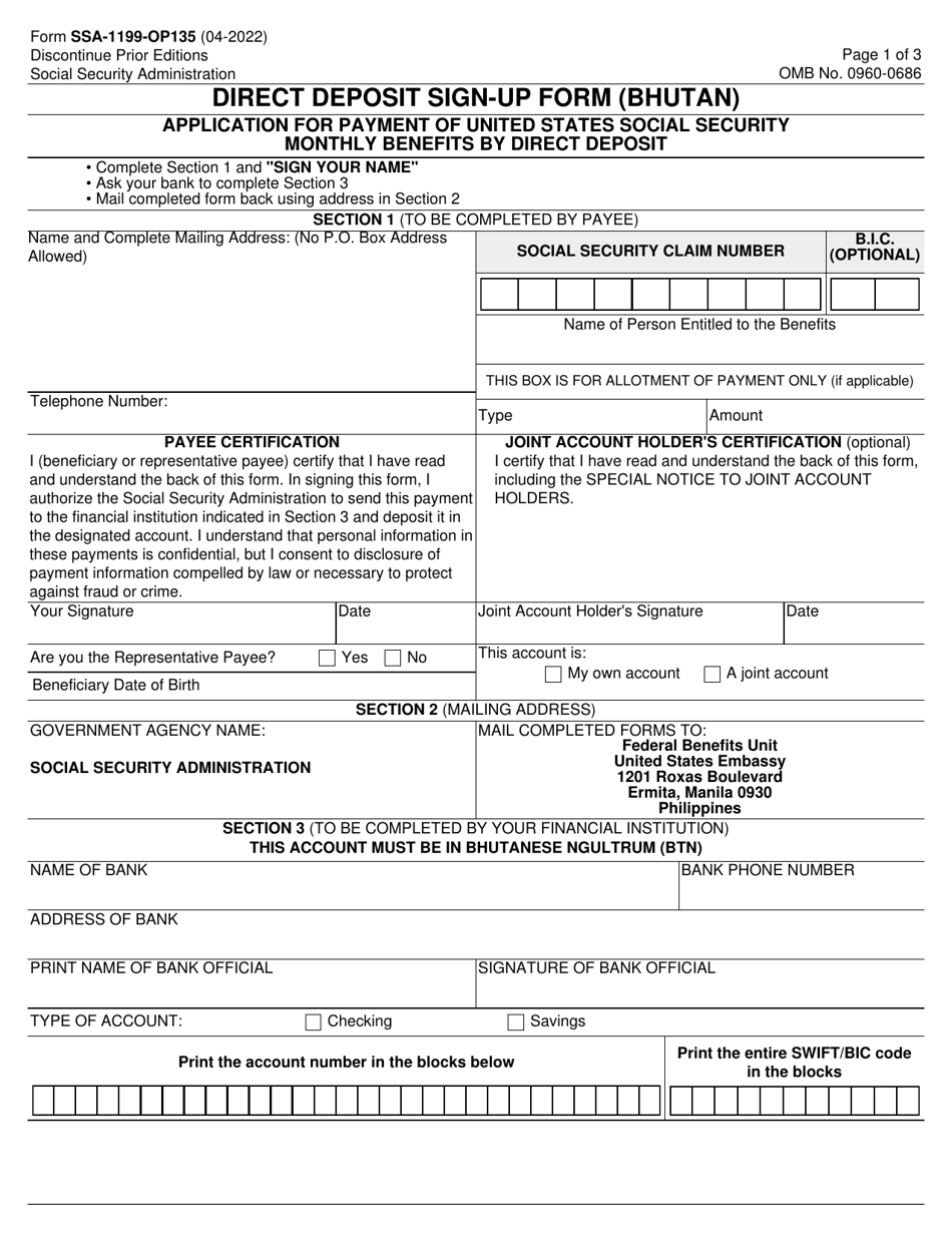 Form SSA-1199-OP135 Direct Deposit Sign-Up Form (Bhutan), Page 1