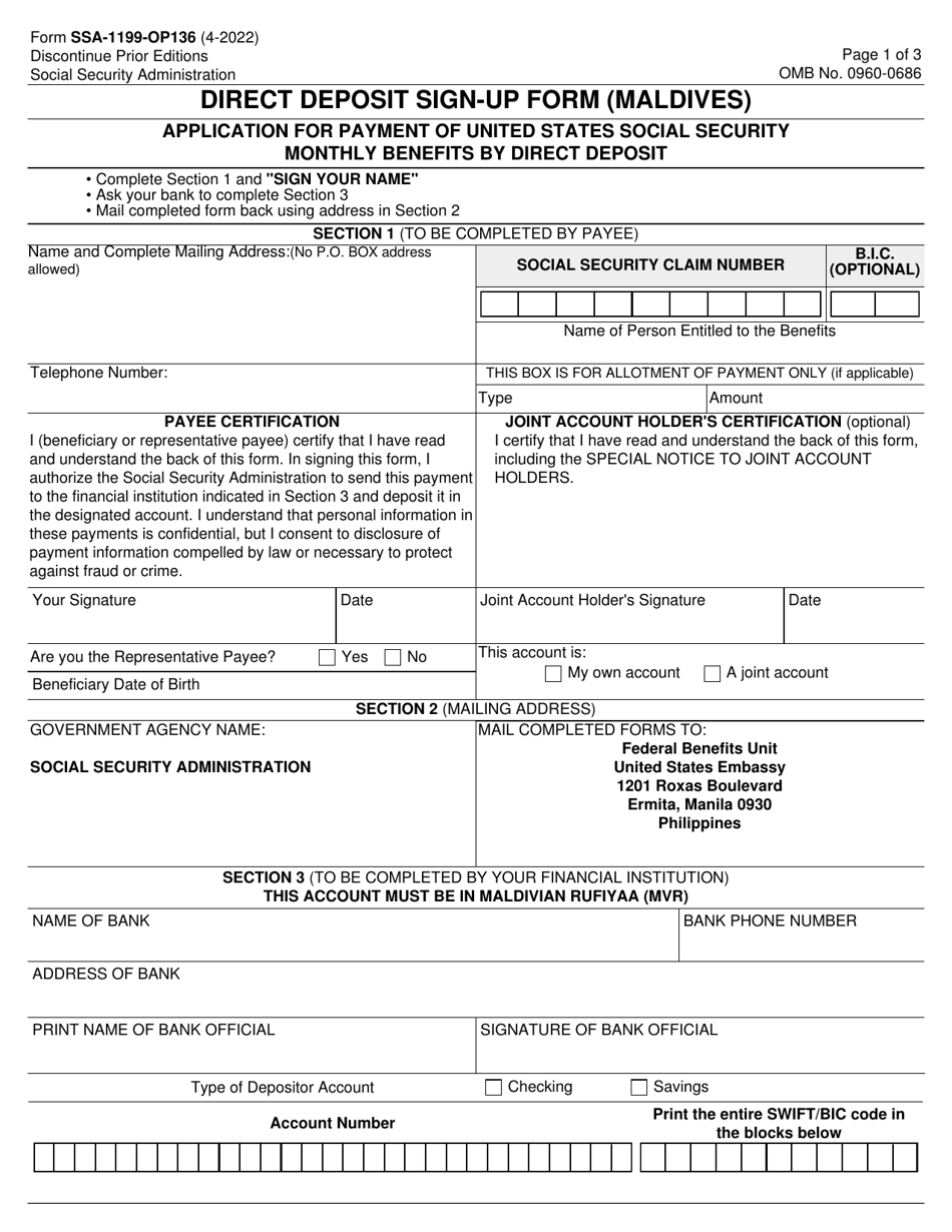 Form SSA-1199-OP136 Direct Deposit Sign-Up Form (Maldives), Page 1