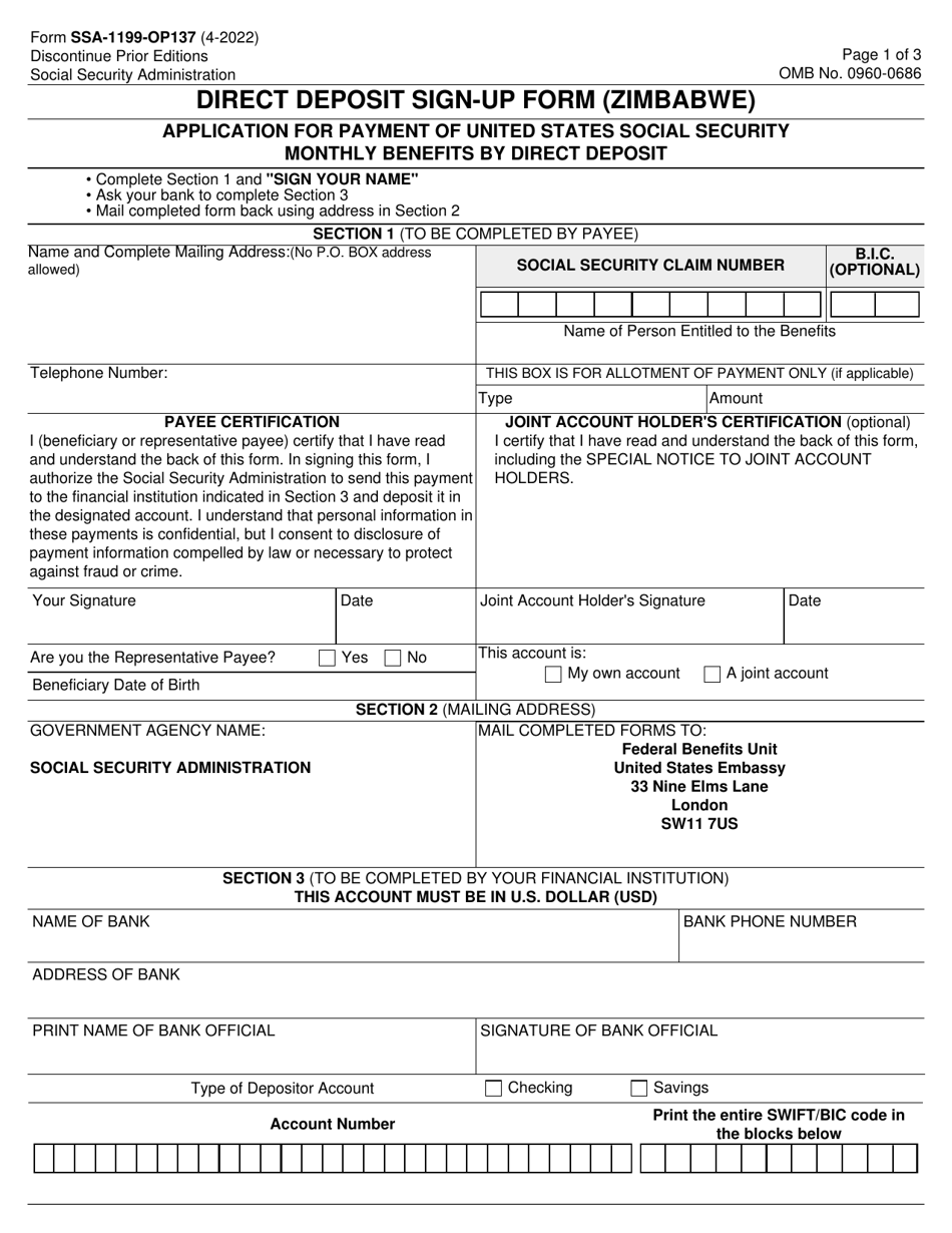 Form SSA-1199-OP137 Direct Deposit Sign-Up Form (Zimbabwe), Page 1