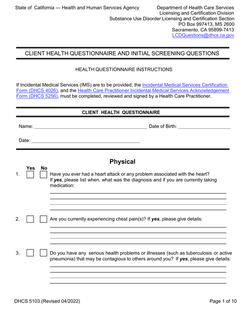 Form DHCS5103 Client Health Questionnaire and Initial Screening Questions - California